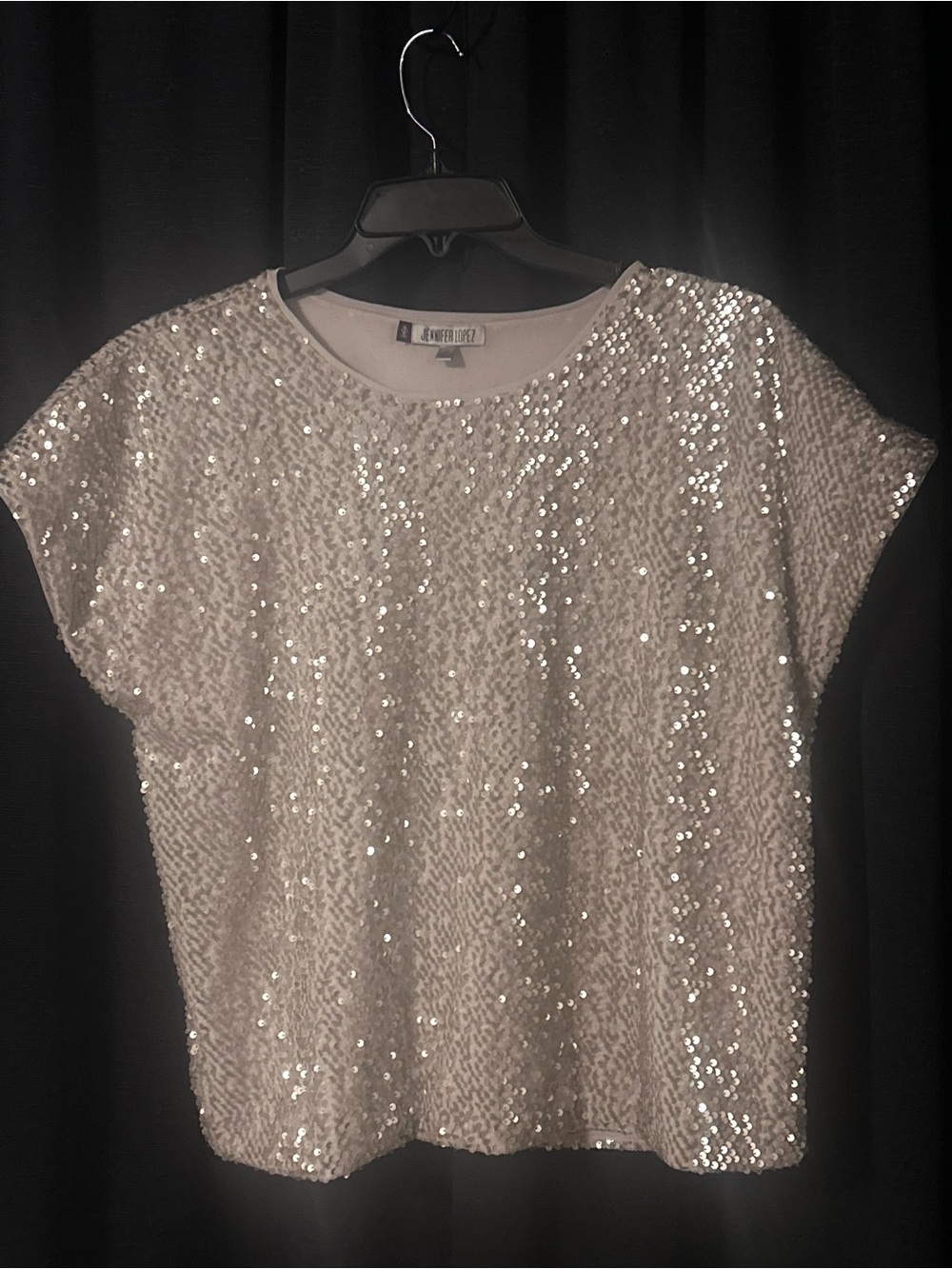 Jennifer Lopez Ivory Sequin Short Sleeve Tee